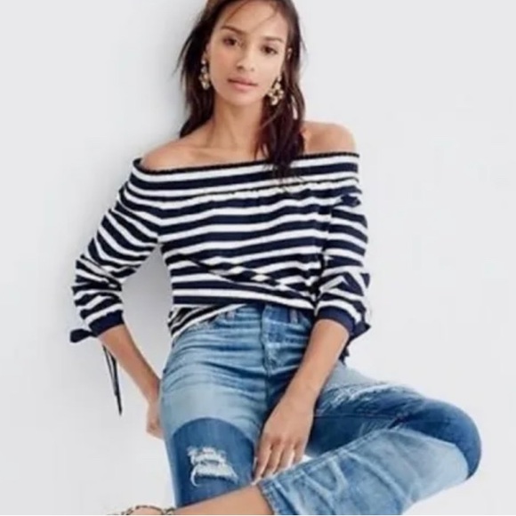 JCREW, NWT, off shoulder stripped blouse, navy blue, size M - Picture 2 of 4